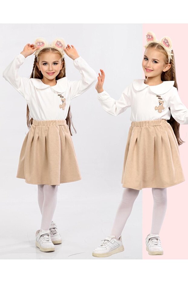 Girl's Teddy Bear Embroidered Shirt Scuba Skirt Set