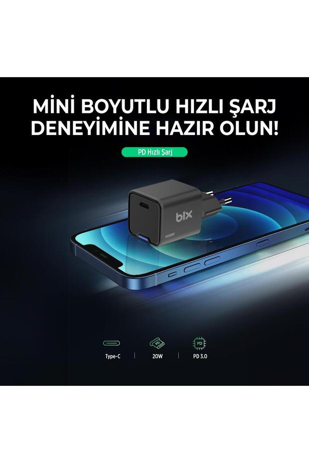 20w Gan Usb-c Hızlı Şarj Adaptörü Iphone, Android Ve Ipad Uyumlu Type-c Pd Şarj Aleti Siyah - 5