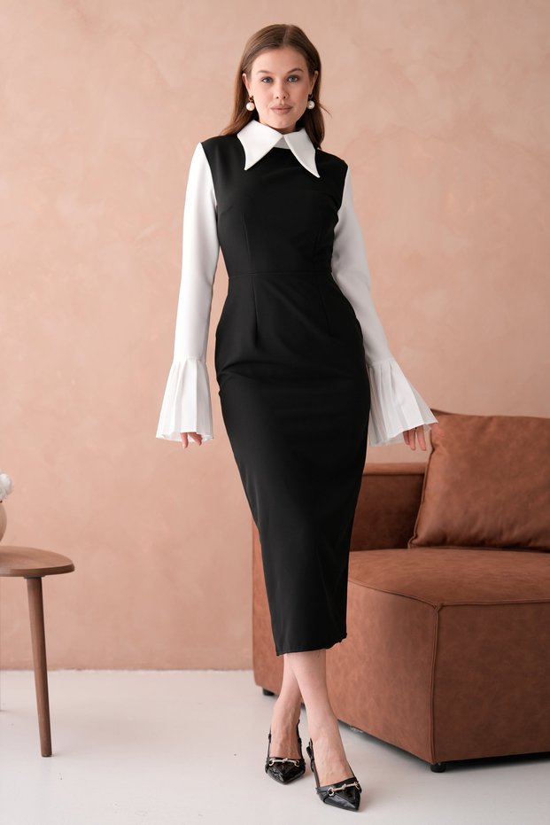 Women's Black Atlas Fabric Shirt Collar Sleeves Pleated and Slit Detailed Midi Pencil Evening Dress 278