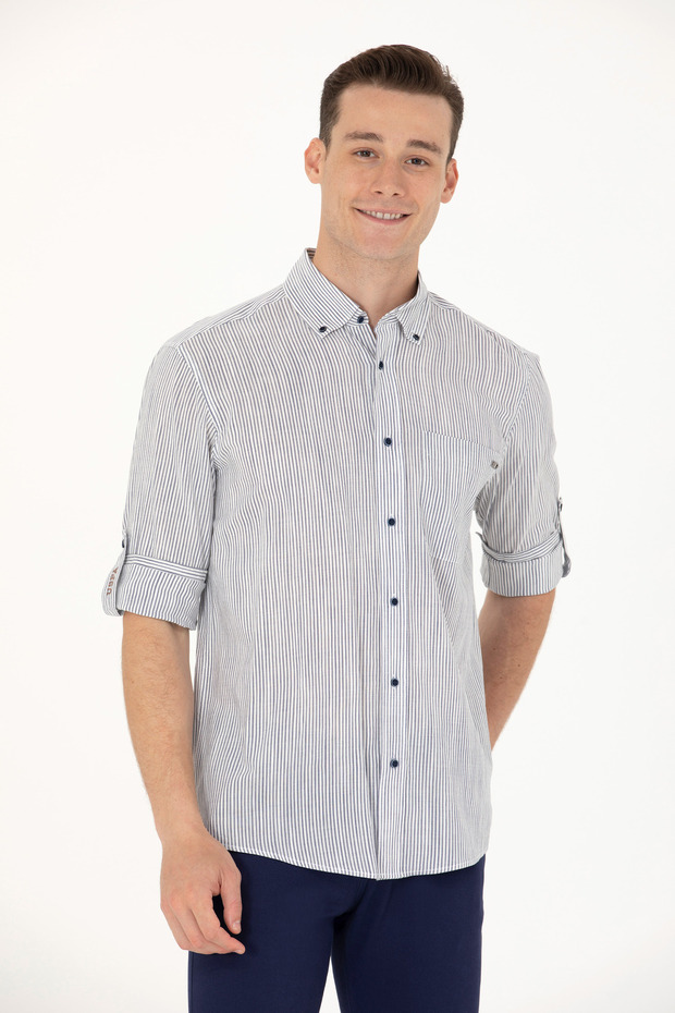 Men's Navy Blue Striped White Shirt 50263330 -Vr033