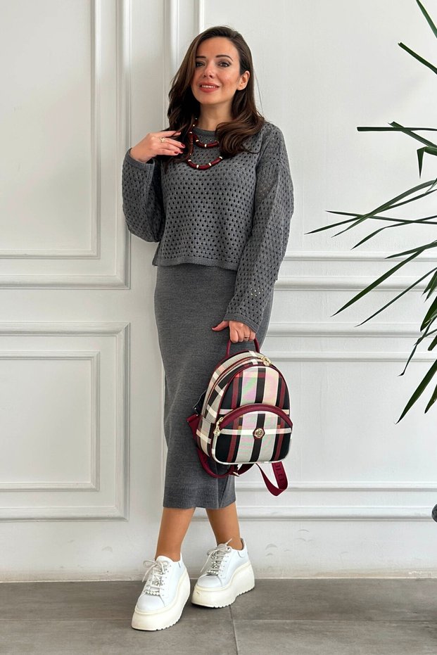 Double Sleeveless Knitwear Dress with Mesh Detail on Top
