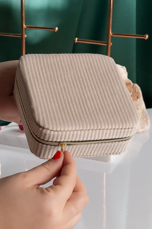 Kare Aynalı Ekru Fitili Kadife Mücevher, Organizer, Takı Kutusu 12 X 12 X 5 Cm - 4
