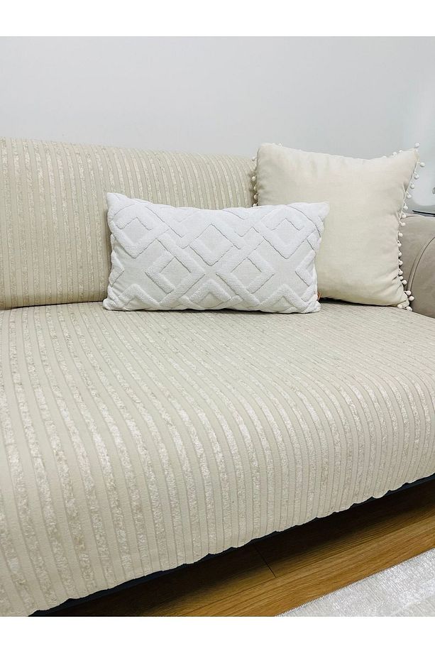 Süngerli Kadife Koltuk Örtüsü Koltuk Şalı Çekyat Örtüsü 3 Kişilik 175 X 210 (1 ADET) Taş - 1