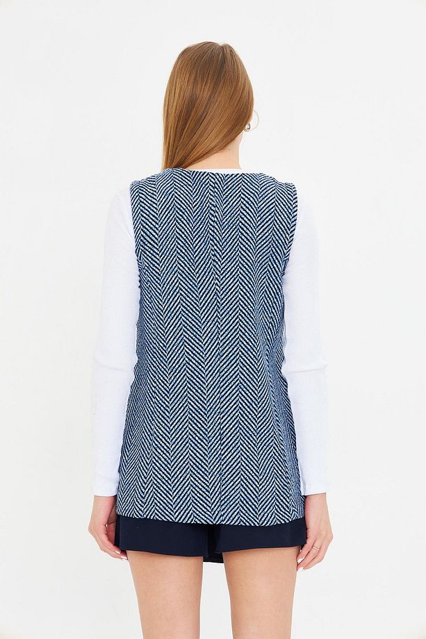 Kadın Mavi V Yaka Tek Düğmeli Oversize Desenli Yelek ARM-25K001110 - 4