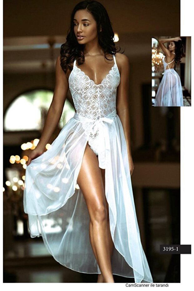 Beyaz Tül Detay Gecelik - 1