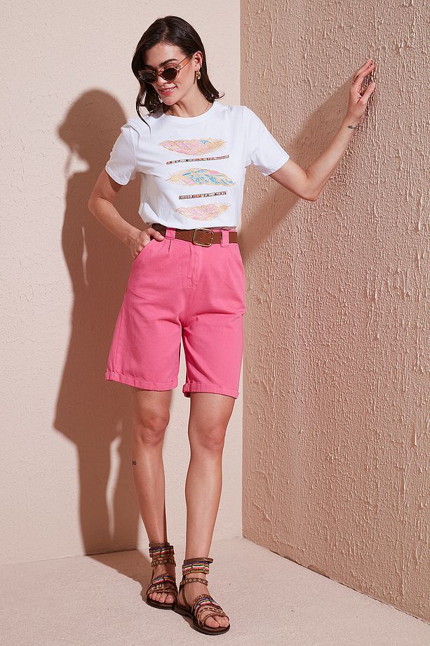 Pamuklu Relaxed Fit Yüksel Bel Kemerli Gabardin Short ŞORT 668YP4710 - 1