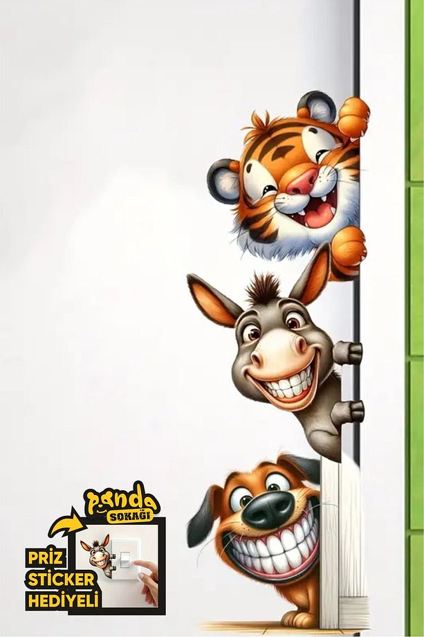 Komik Mutlu Hayvanlar Kapı Sticker, Cam Duvar Sticker Seti, Sevimli Komik Hayvanlar - 3