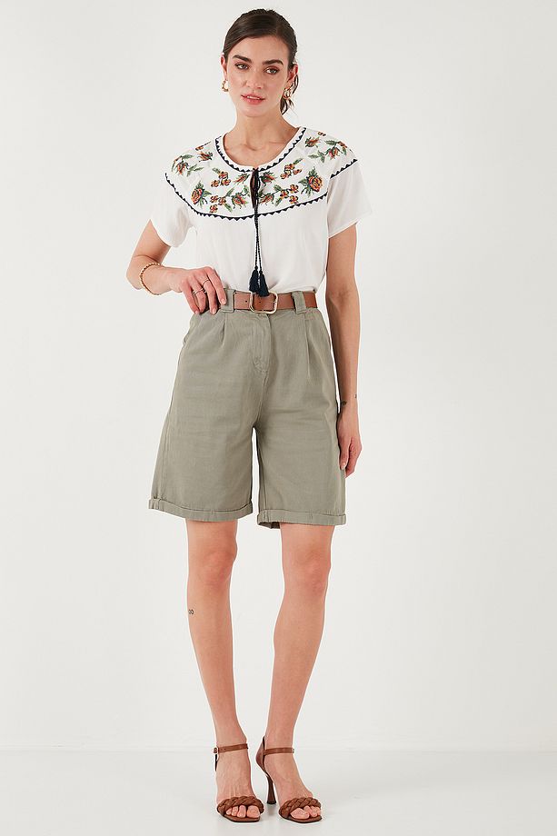 Pamuklu Relaxed Fit Yüksel Bel Kemerli Gabardin Short ŞORT 668YP4710 - 4