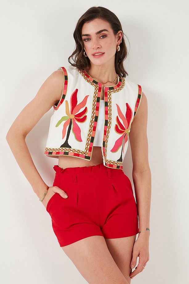 Pamuklu Regular Fit Çiçekli Nakış İşlemeli Crop Yelek YELEK 676291 - 6