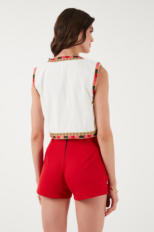 Pamuklu Regular Fit Çiçekli Nakış İşlemeli Crop Yelek YELEK 676291 - 8