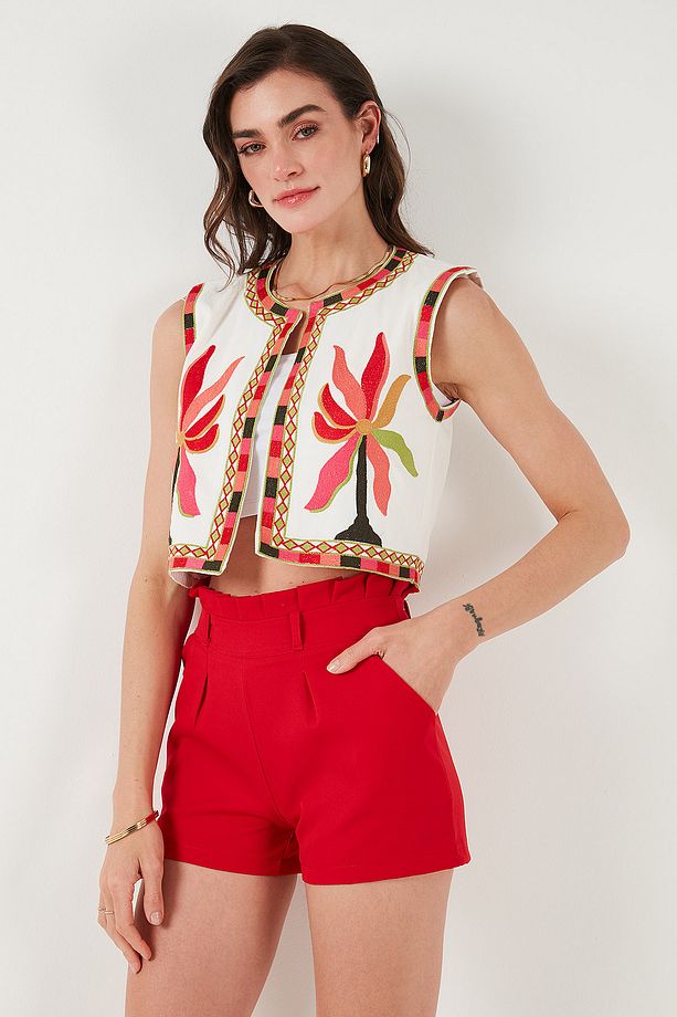 Pamuklu Regular Fit Çiçekli Nakış İşlemeli Crop Yelek YELEK 676291 - 7