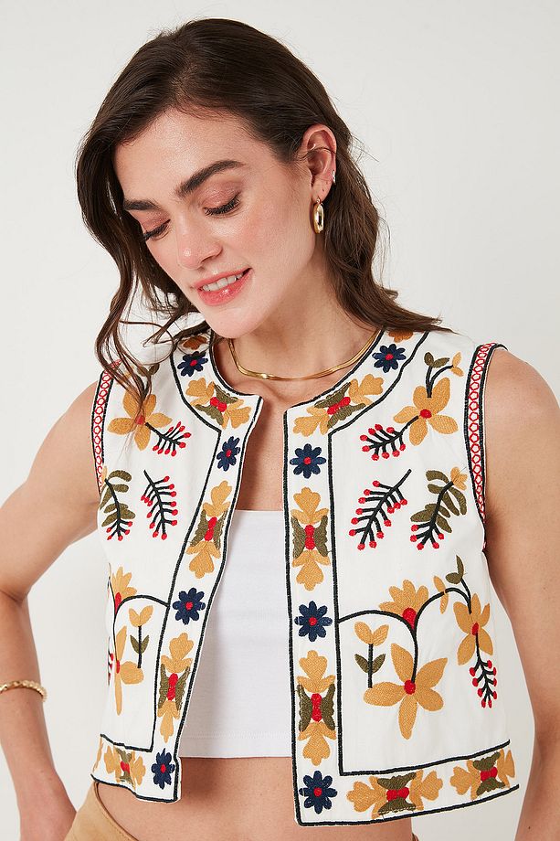 Pamuklu Regular Fit Çiçekli Nakış işlemeli Crop Yelek YELEK 676237 - 7
