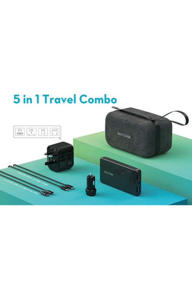 5-in-1 Travel Charging Combo, 10000mAh Power Bank, 2 Cables, Travel & Car Charger