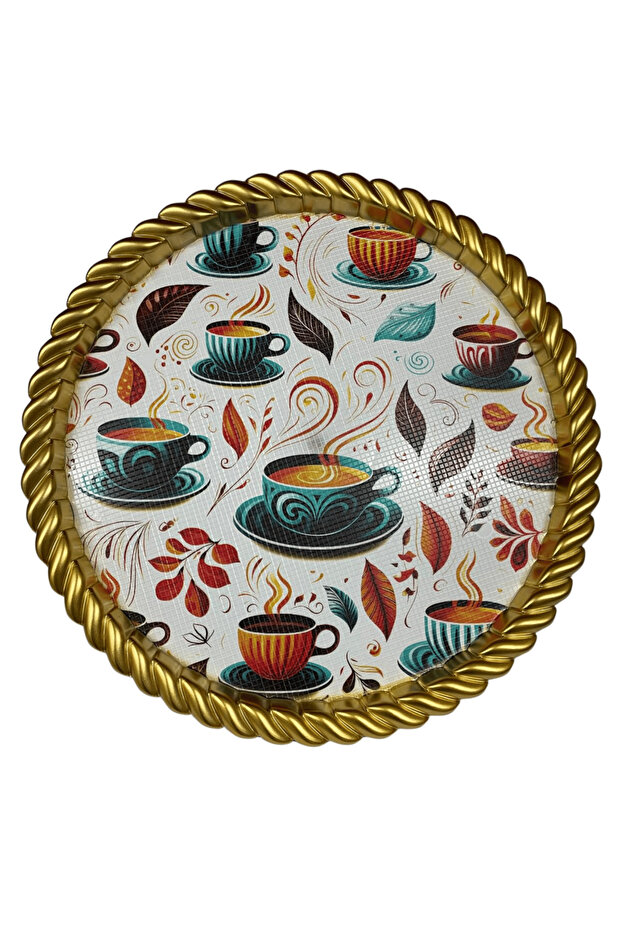 صينية بلاستيكية فاخرة منقوشة بإطار ذهبي - فنجان شاي وقهوة مقاس 46 × 46