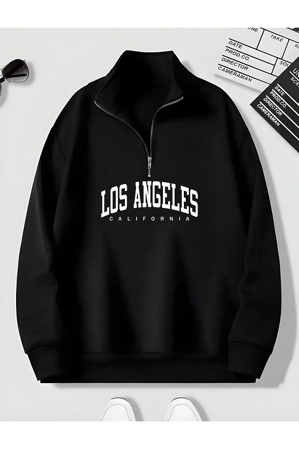 Unisex Yarım Fermuarlı Los Angeles Baskılı Siyah Sweatshirt - 1