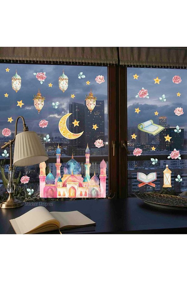 Renkli Suluboya Cami Fenerler Ve Çiçekler Duvar Cam Kapı Sticker Seti / Ramazan Süsleri - 3