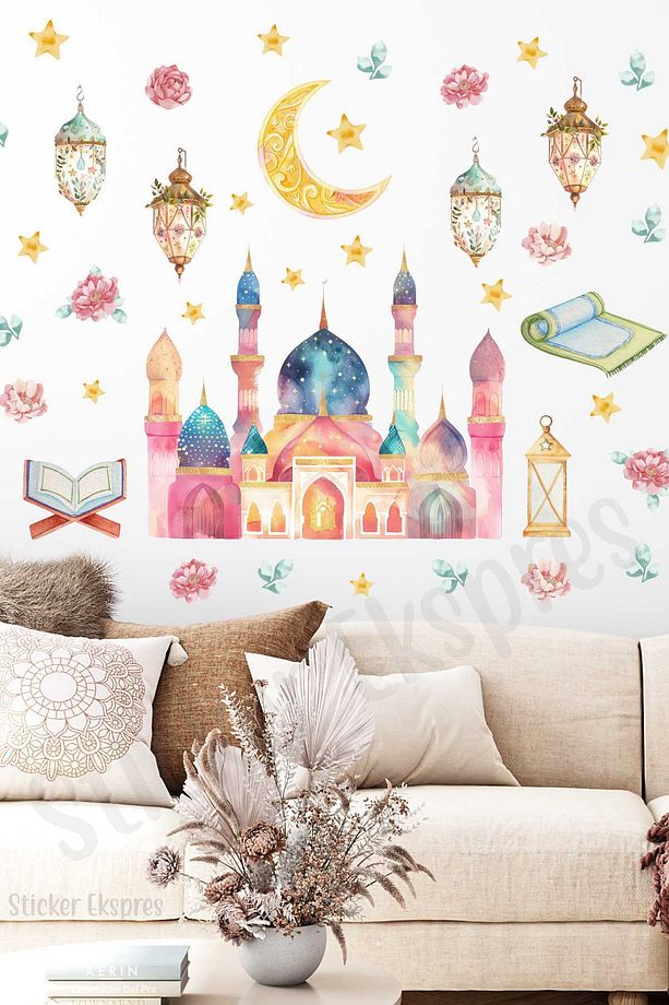 Renkli Suluboya Cami Fenerler Ve Çiçekler Duvar Cam Kapı Sticker Seti / Ramazan Süsleri - 1