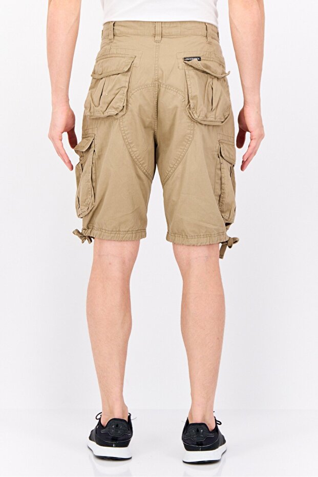 Men Solid Cargo Shorts, Tan - 3