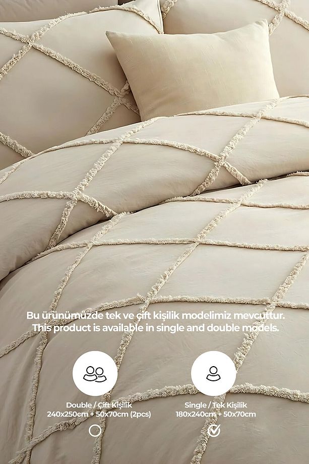 Pamuklu Aimar Yatak Örtüsü Seti Tek Kişilik Günlük Çift Taraflı Boho 2 Parça Elyaf Dolgulu Bej - 5