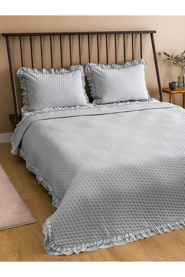 LCW HOME Gri Fırfır Detaylı Çift Kişilik Yatak Örtüsü Seti 200x220 cm - 4
