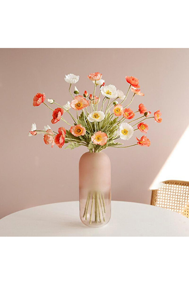 8’ Lı Gelincik Yapay Çiçek, Vazo Çiçeği Beyaz Ve Somon, Dekoratif Yapay Çiçek ,bahar Çiçekleri - 1