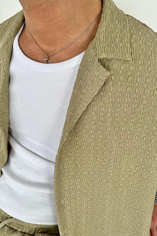 Haki Örme Desenli Relaxed Gömlek - 2