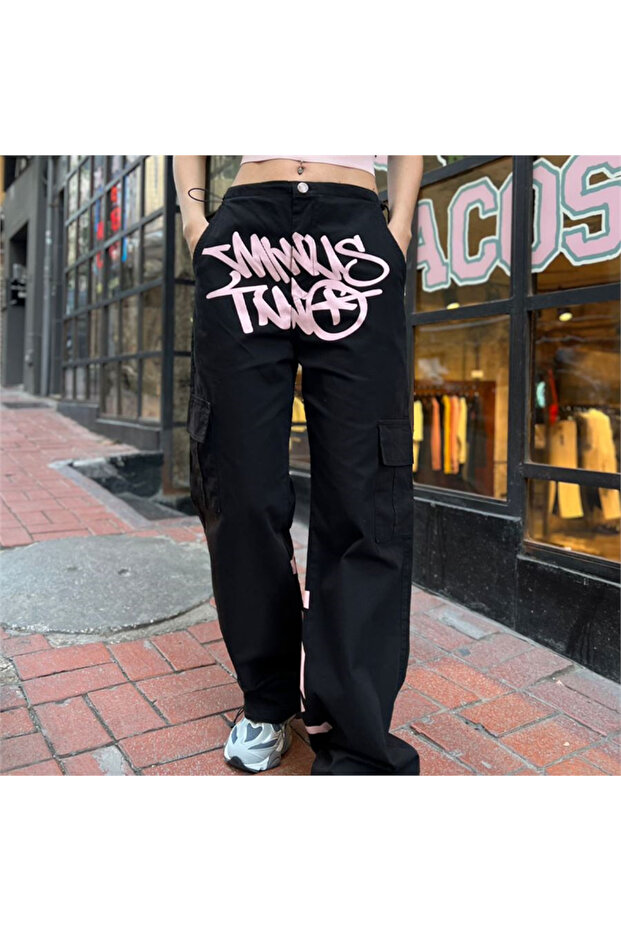 Black Minus Two Pink Printed Cargo Elastic Parachute Pants with Pockets