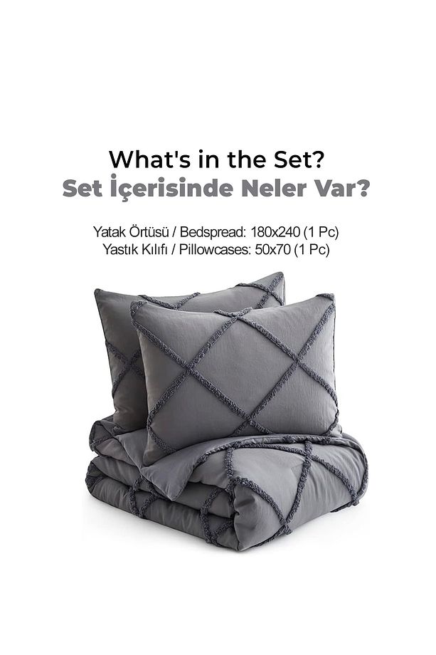 Pamuklu Aimar Yatak Örtüsü Seti Tek Kişilik Günlük Çift Taraflı Boho 2 Parça Elyaf Dolgulu Antrasit - 6