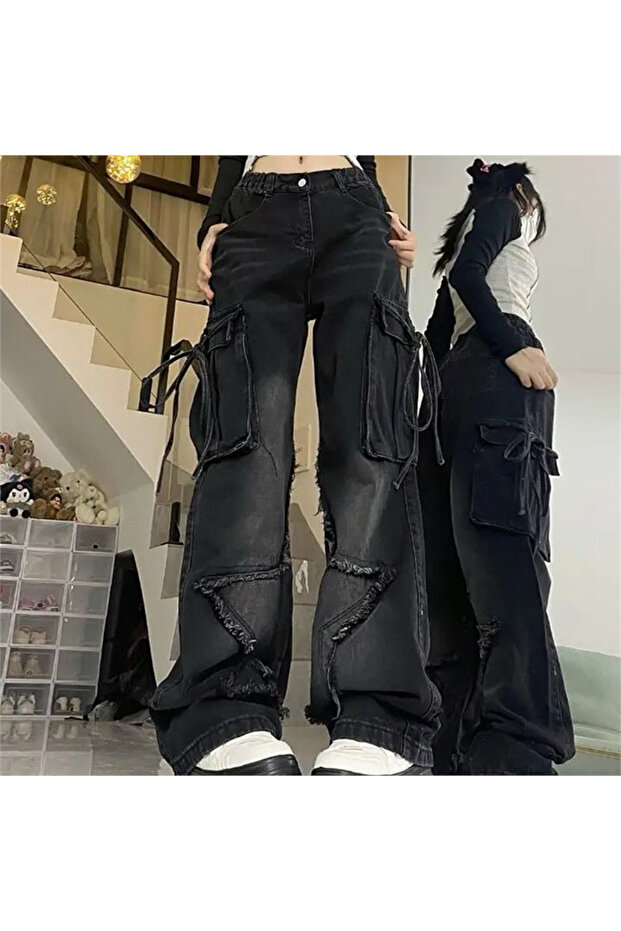 Black Star Patched Vintage Cargo Pocket Baggy Jeans
