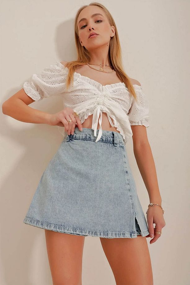 Mini Yırtmaçlı Denim Kot Şort Etek - 3
