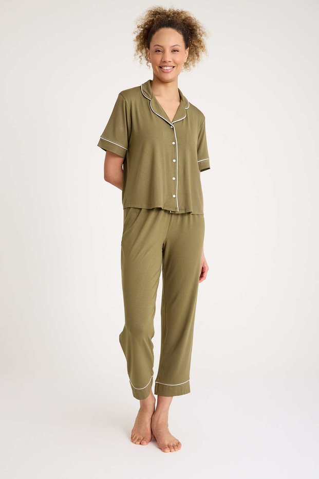 90% Cotton 10% Lycra Fat Green Color Premium Quality Women's Short Sleeve Pajamas Set