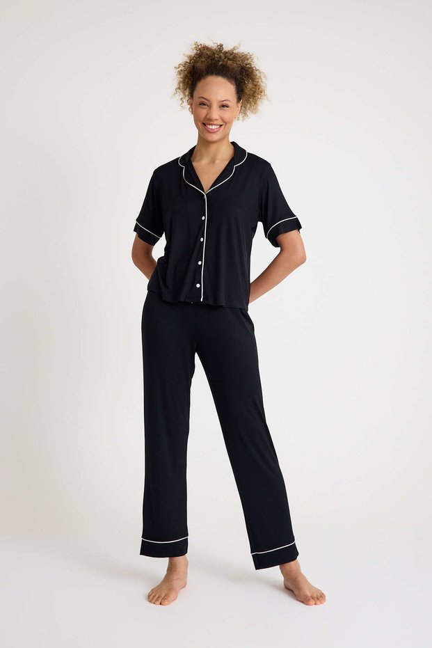 90% Cotton 10% Elestan Black Color Premium Quality Women's Short Sleeve Pajamas Set