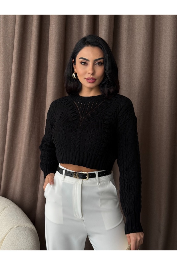 Women's Black Crew Neck Braided Hole Special Design Crop Knitwear Sweater