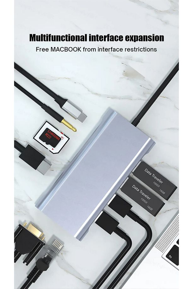 11in1 Macbook iPad Usb Type-c Uyumlu Hub Çevirici Çoklayıcı 4 Usb Hdmi Vga Ethernet Audio SDTF - 6