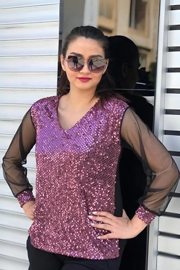 Pullu Kolları Tül Bluz - 1