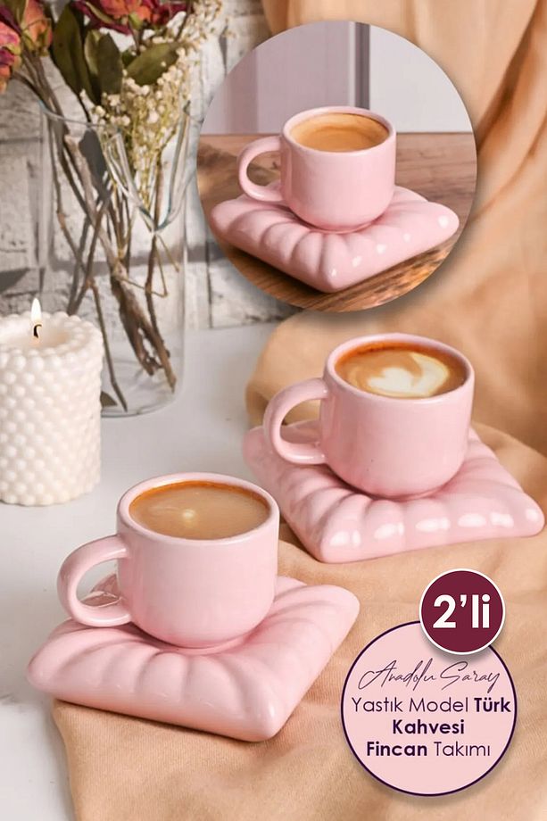 2 Adet El Yapımı Seramik Pembe Yastık Minder Model Handmade Türk Kahvesi Fincan Seti 90ml - 1