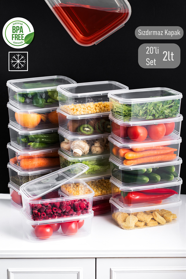 4302 20-Piece Freezer Organizer Storage Container with Self-Lid Deep Freezer Storage Container 2Lt Transparent