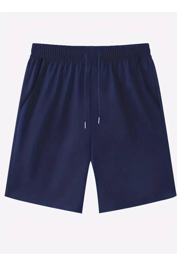 Unisex Navy Blue Color Comfortable Fit Soft Fabric Elastic Waist Summer Shorts with Pockets
