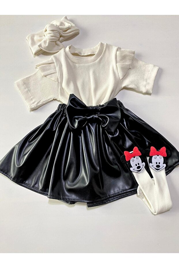 Cream Badi, Leather Skirt, Bandana, Mickey Mouse Socks Set. Skirt Badi Socks Bandana Set. From 6 Months to 6 Years