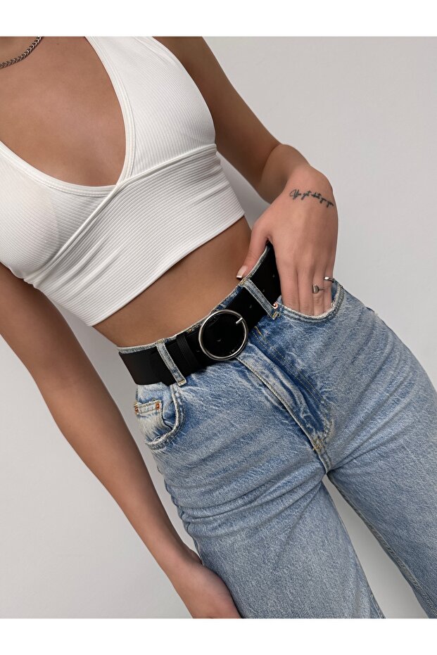 Klasszikus kerek ezüst csatos barna bőr öv - 3