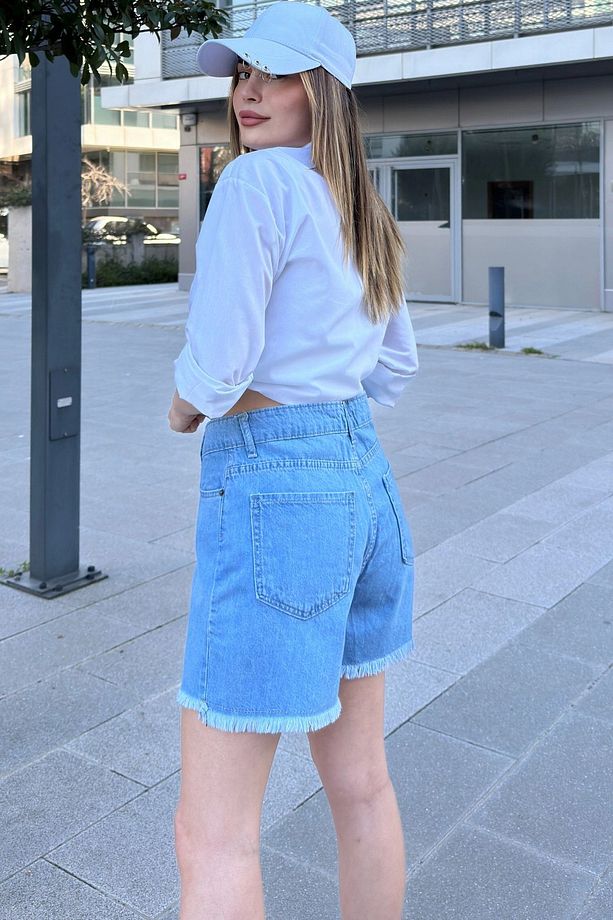 Kadın Mavi Püsküllü Paça, Yüksek Bel, Rahat Denim-Kot Şort - 3