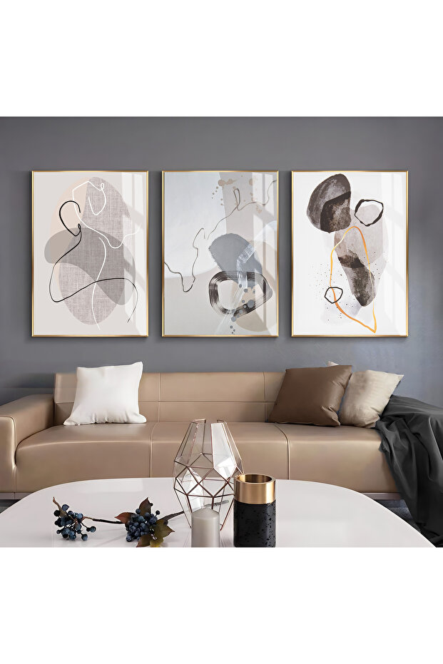 Hari̇kabi̇rev | Soft Beige-Grey-Cream Abstract Patterns Combination | Framed Glass Table 3 Pieces Vertical