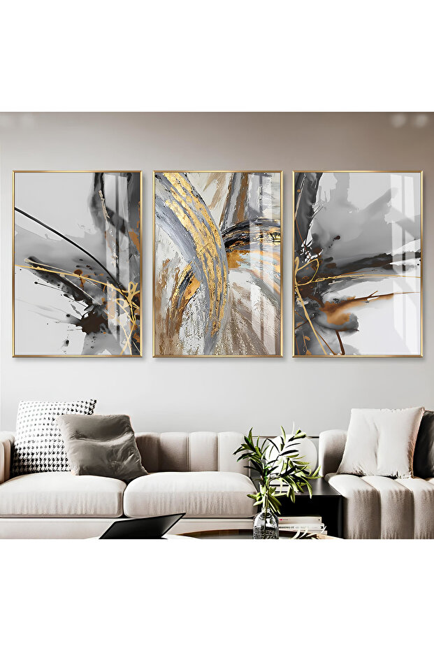 Hari̇kabi̇rev | Gray-Black-Gold Abstract Pattern Combination | Framed Glass Table 3 Pieces Vertical