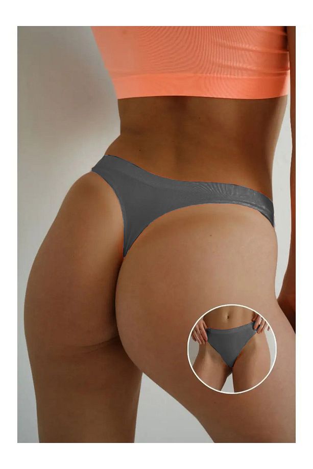Navelli Model Düz Desensiz Örme Model Yumuşak Dikişli Spor String Külot Koyu Gri Renk - 3