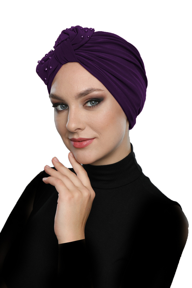 Crystal Fan Stone Embroidered Double-Sided Lined Purple Ready-made Hijab Hijab Evening Dress Bonnet