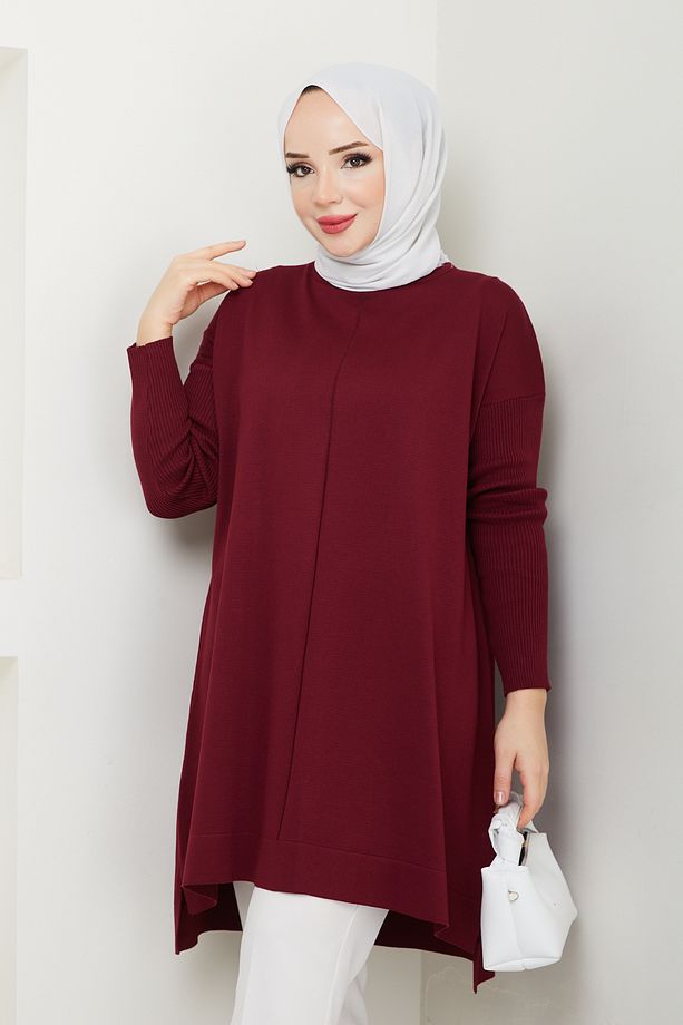 Kadın Merserize Triko Kazak Tunik Bordo - 1