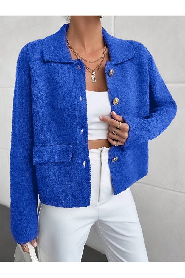 Women's Gold Button Pocket Detailed Blazer/Tweed Crop Jacket Women's Cardigan