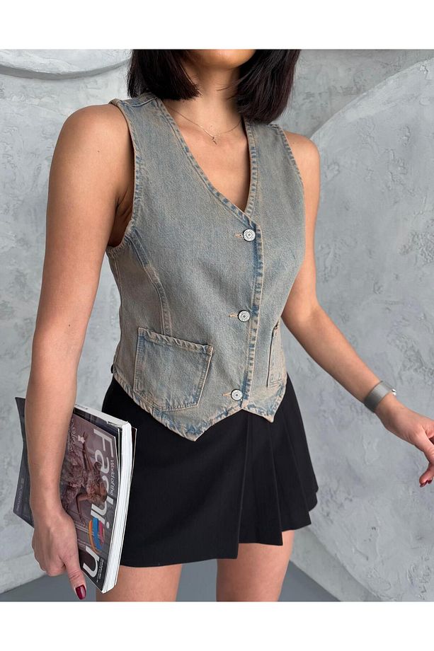 DÜĞMELİ V YAKA KAHVE TİNT DENIM YELEK - 6