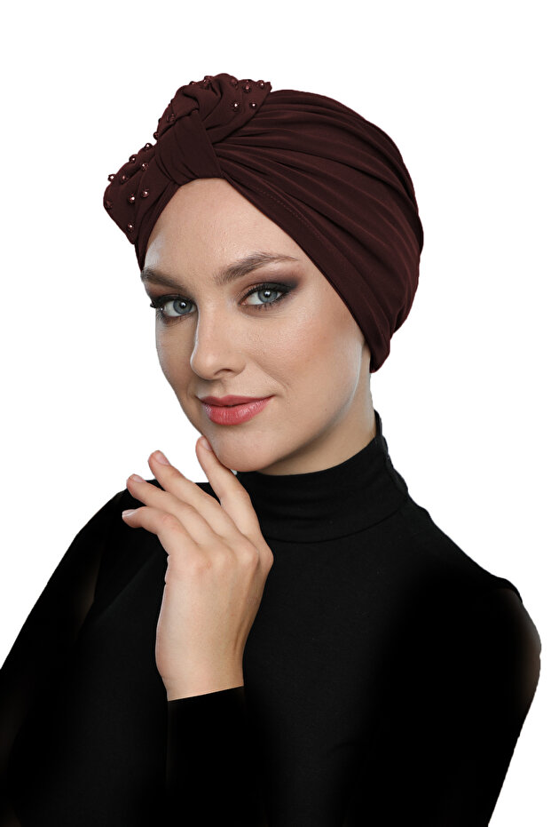 Crystal Fan Stone Embroidered Double Sided Lined Coffee Ready Hijab Hijab Evening Dress Bonnet