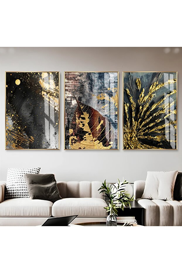 Hari̇kabi̇rev | Gold-Black Abstract Leaf Patterned Combination | Framed Glass Table 3 Pieces Vertical